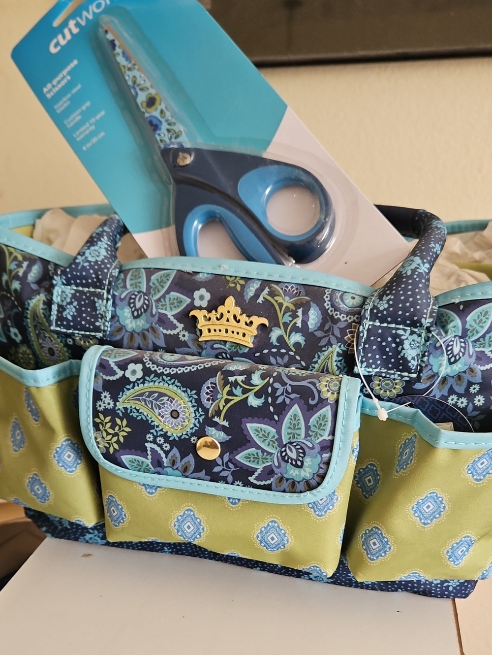 NWT CMultifunctional Craft  Tote - Navy, Teal & Green With Matching Scissor